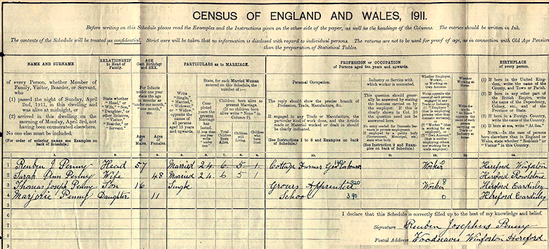 Reubens Penny, 1911 Census